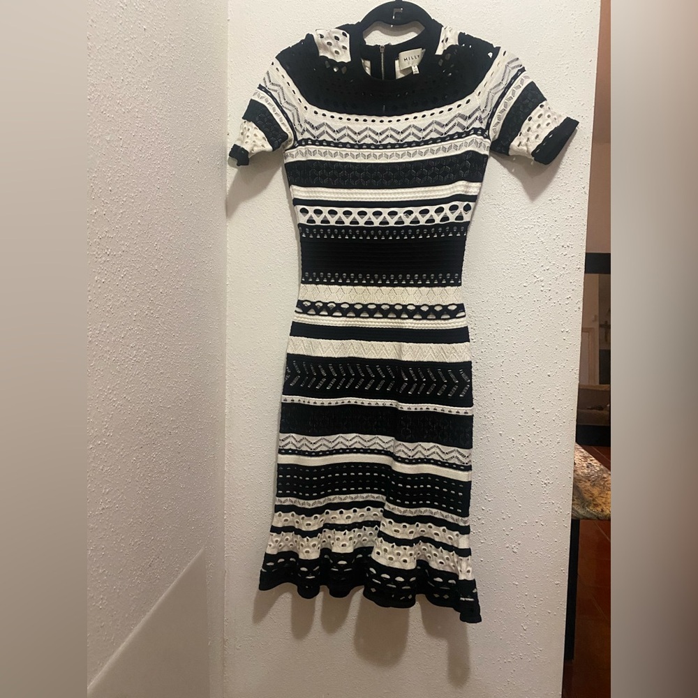 Milly Black and White Textured Stripe Midi Dress